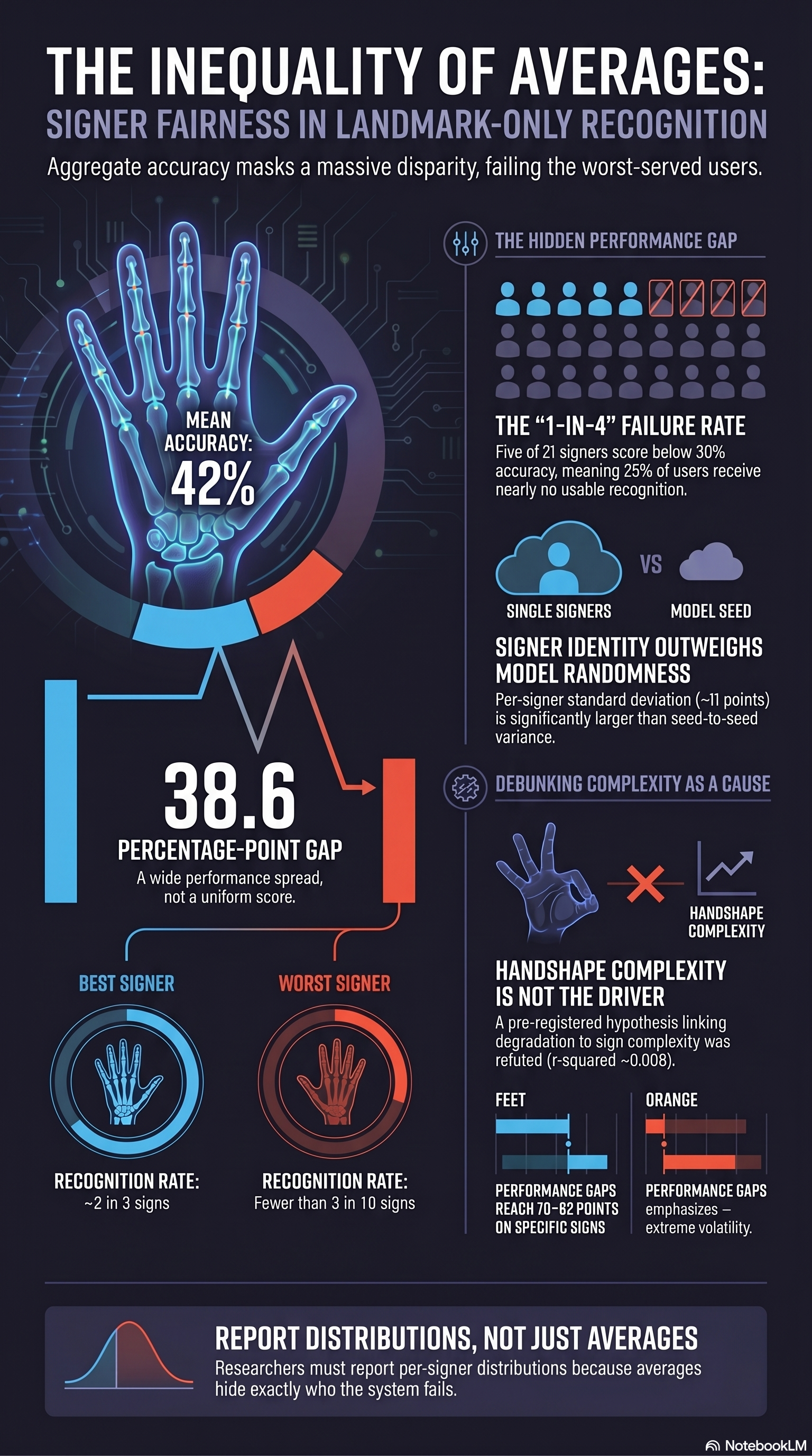 The 38-point signer fairness gap: per-signer top-1 ranges from 25.6% to 64.2%; five of 21 signers fall below 30%; the per-signer standard deviation dwarfs the seed-to-seed deviation; and a pre-registered hypothesis that handshape complexity drives degradation was refuted, so the degradation is signer-driven, not sign-feature-driven.