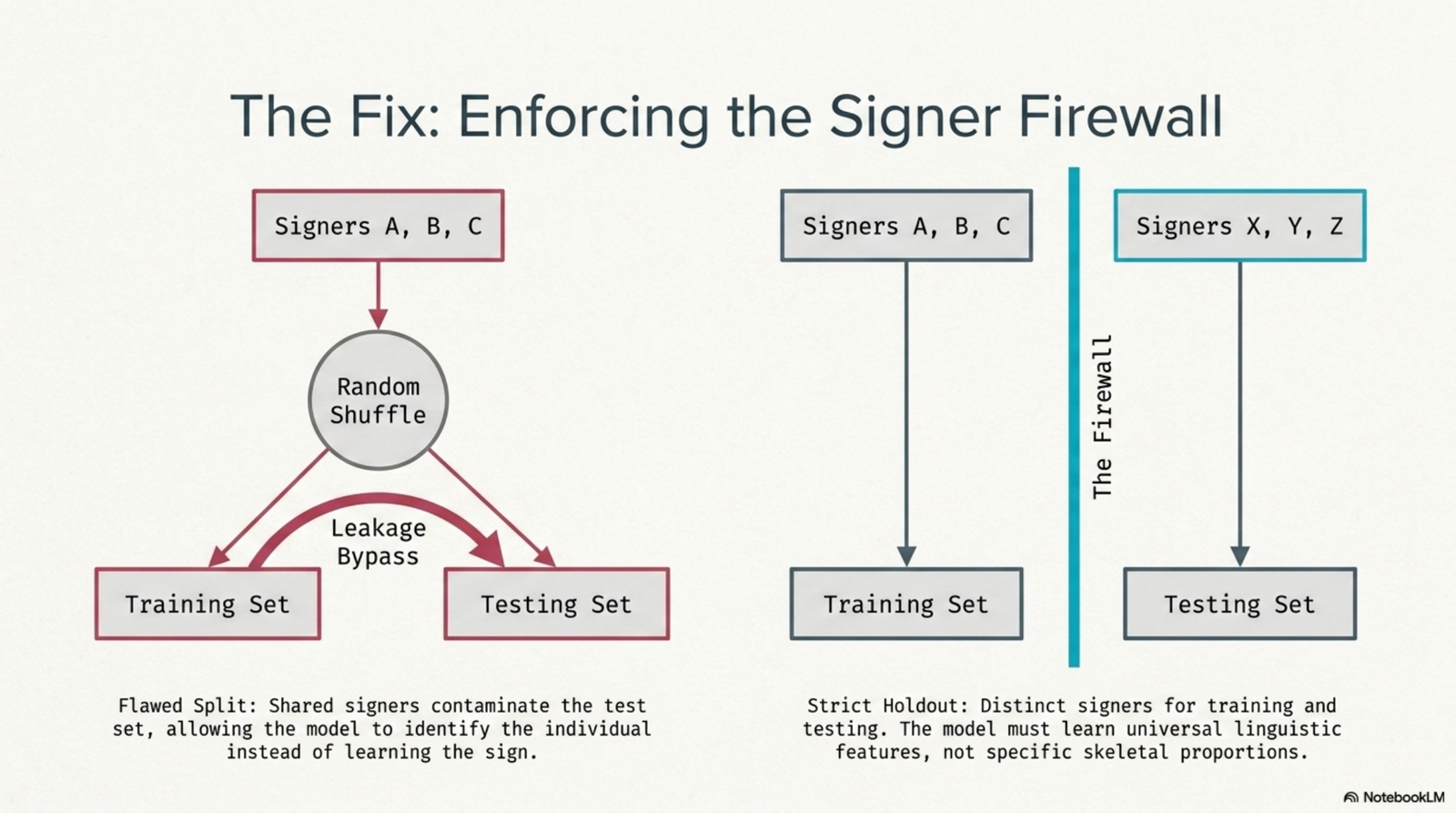 The signer firewall: a flawed random split lets the same signers leak from training into testing, while a strict signer-holdout split keeps training signers and test signers entirely separate.